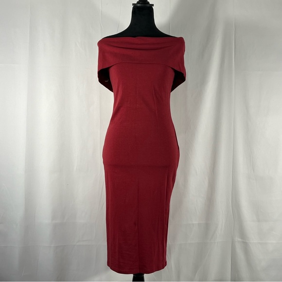 Off the shoulder Bodycon dress,red, sleeveless,Large, maroon, brick red - Picture 7 of 7